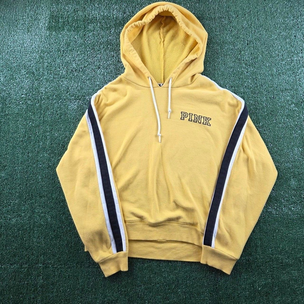 Victoria's Secret PINK Mustard Yellow Hoodie Sweatshirt Love Pink Back Graphic M